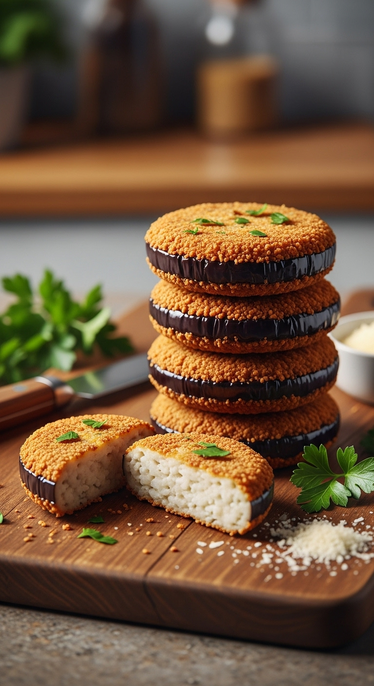 Crispy Baked Eggplant Cutlets Stacked On A Wooden Cutting Board With A Sliced Cutlet Parmesan And Parsley