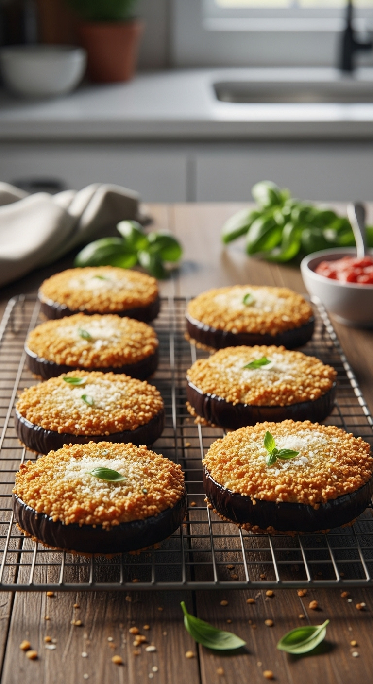 Crispy Baked Eggplant With Panko And Parmesan On A Wire Rack With Marinara Sauce And Fresh Basil On A Rustic Wood Table