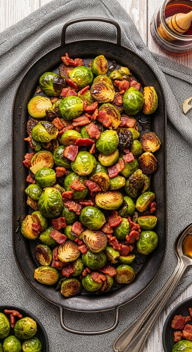 Crispy Brussels Sprouts With Bacon And Maple Syrup On A Dark Serving Platter With Bright Studio Lighting