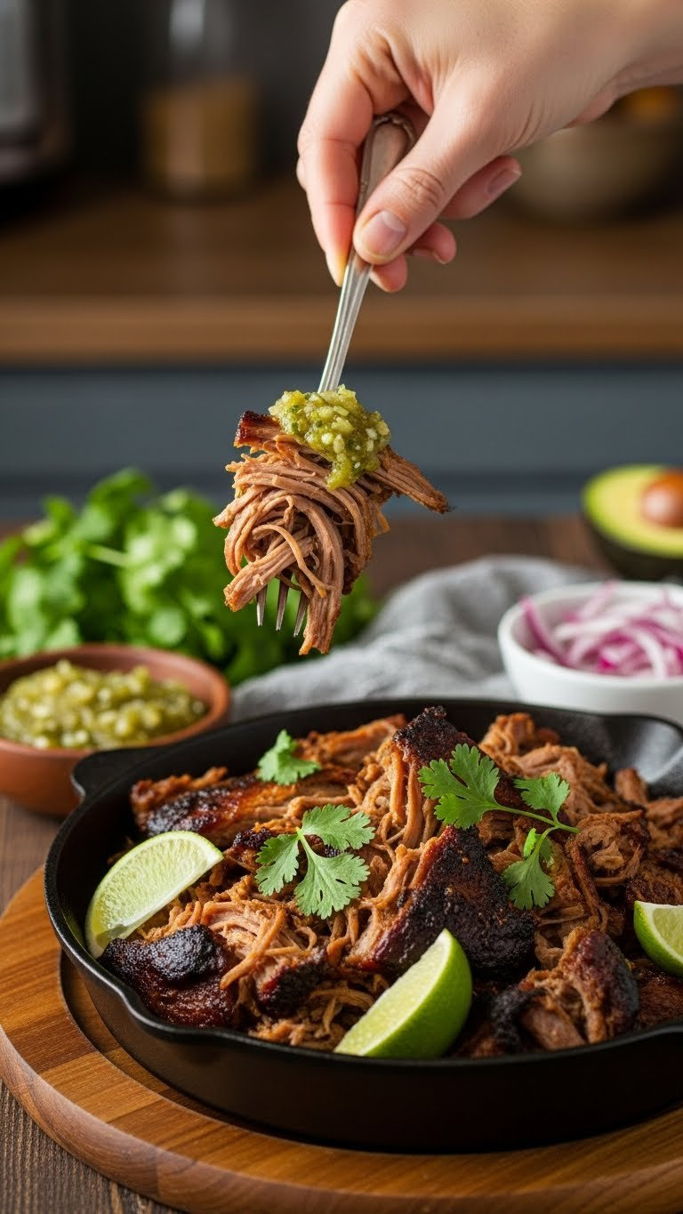 Crispy Instant Pot Low Carb Pork Carnitas With Cilantro, Lime, And Salsa Verde, Served On A Wooden Board.
