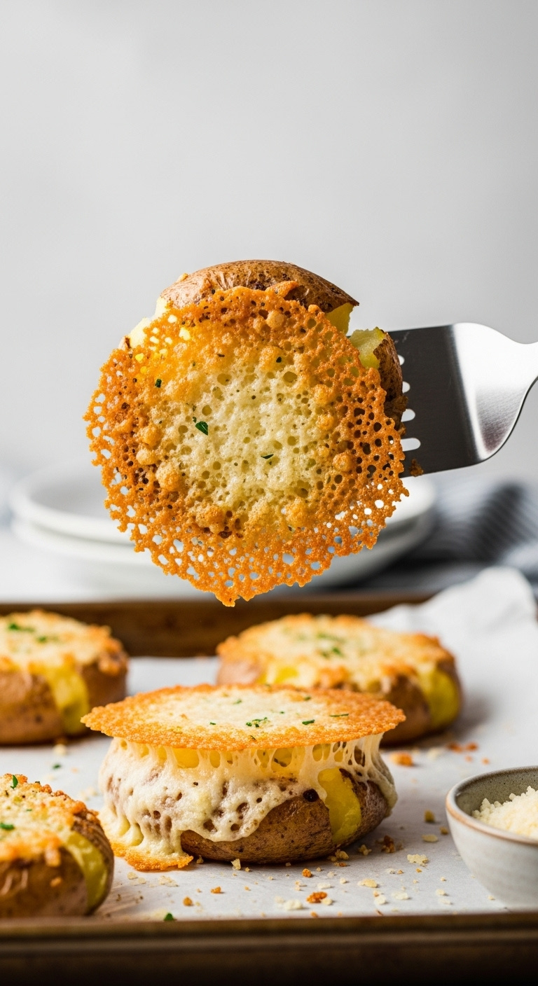 Crispy Parmesan-Crusted Smashed Potato Being Lifted From A Baking Sheet Revealing A Lacy Cheese Wafer
