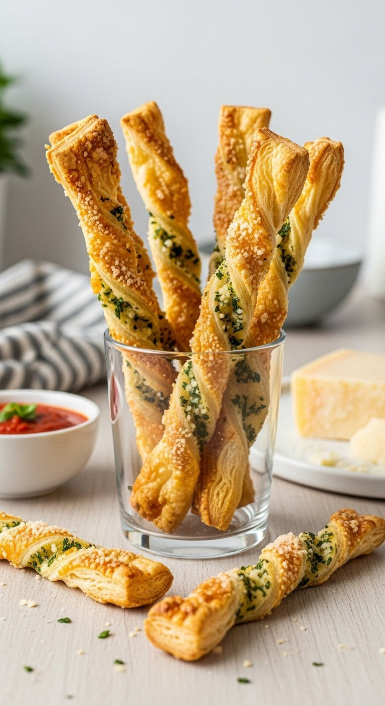 Crispy Parmesan &Amp; Herb Puff Pastry Twists In A Glass Tumbler With Marinara. Perfect Savory Snack Recipe.