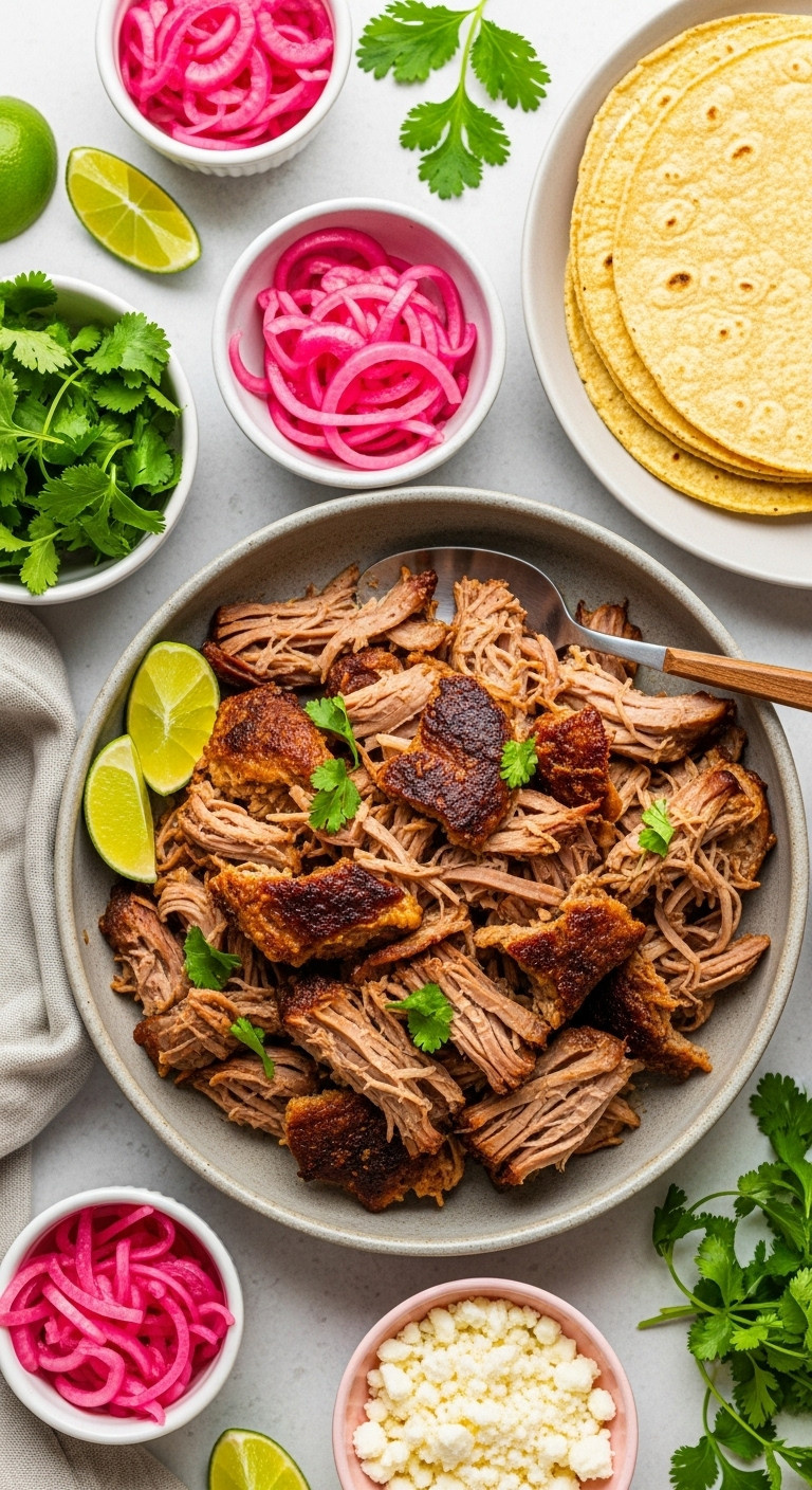 Crispy Slow Cooker Carnitas With Pickled Red Onions Cilantro Cotija Cheese And Corn Tortillas On A Vibrant Platter