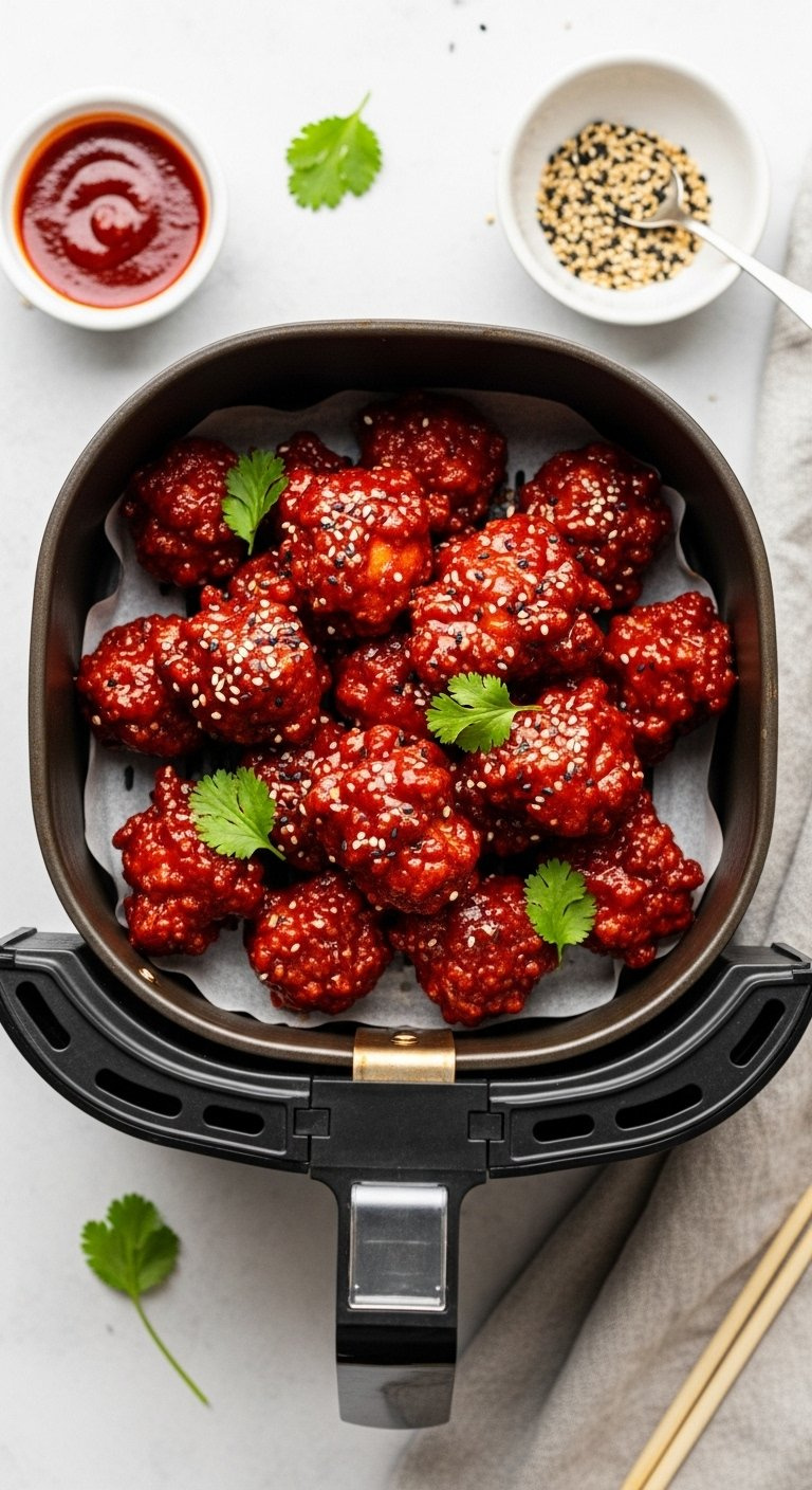 Crispy Air-Fried Gochujang Chicken Nuggets In A Modern Basket Topped With Sesame Seeds And Fresh Cilantro.