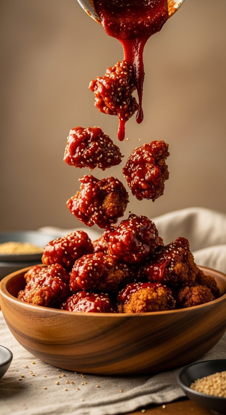 Crispy Air-Fried Chicken Pieces Being Tossed With Thick Glossy Red Gochujang Glaze In A Bowl.