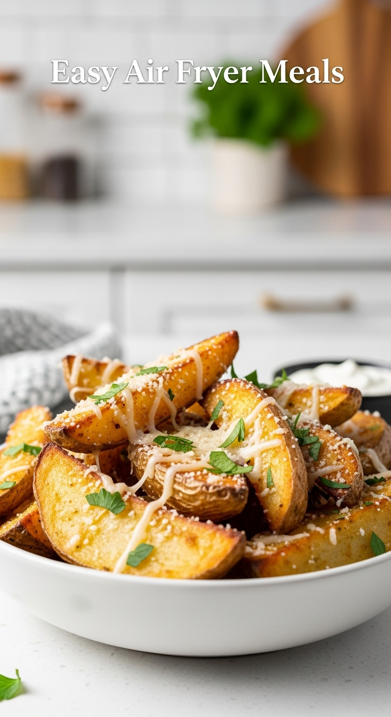 Crispy Air Fried Garlic Parmesan Potato Wedges With Parsley In A Bowl With Dipping Sauce On A Countertop