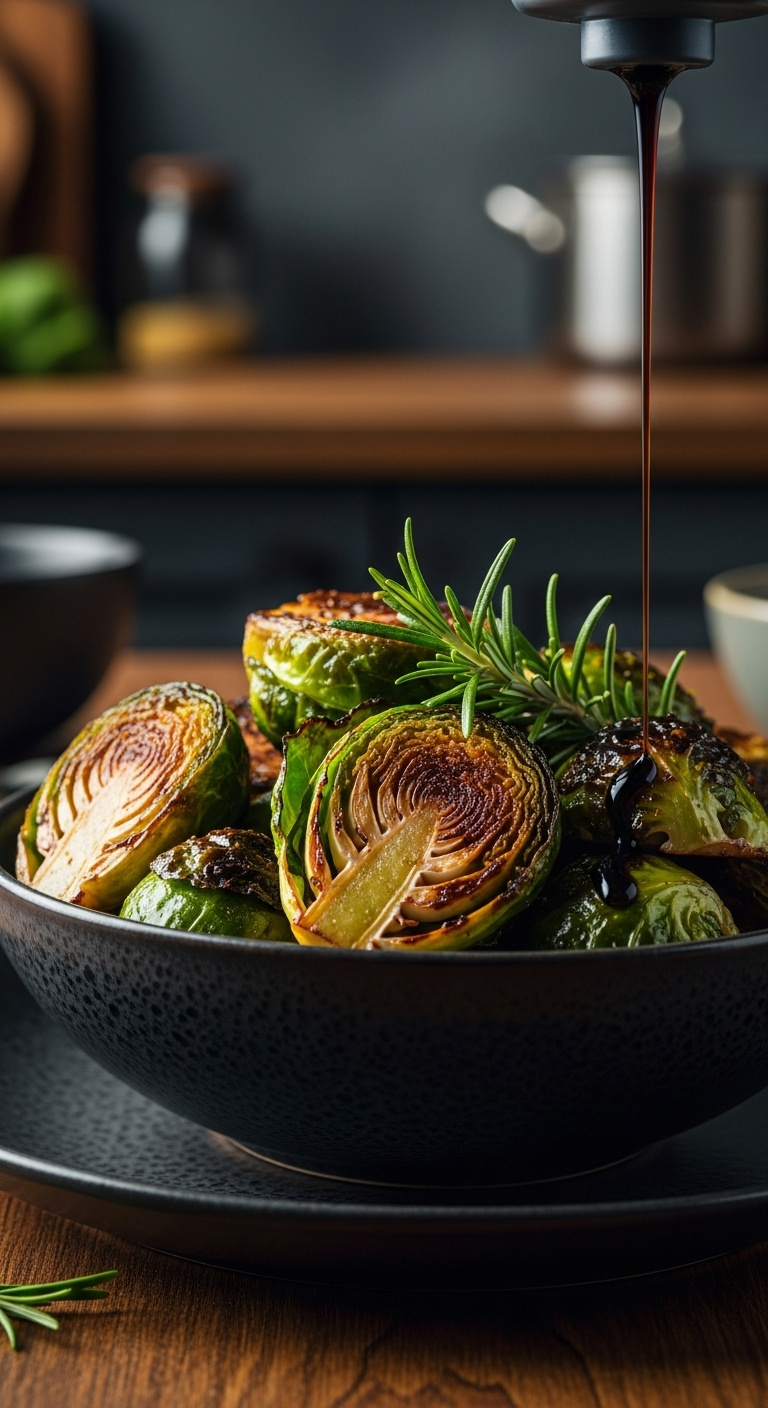 Crispy Air Fried Garlic Rosemary Brussels Sprouts With Balsamic Glaze In A Dark Ceramic Bowl On A Wooden Table