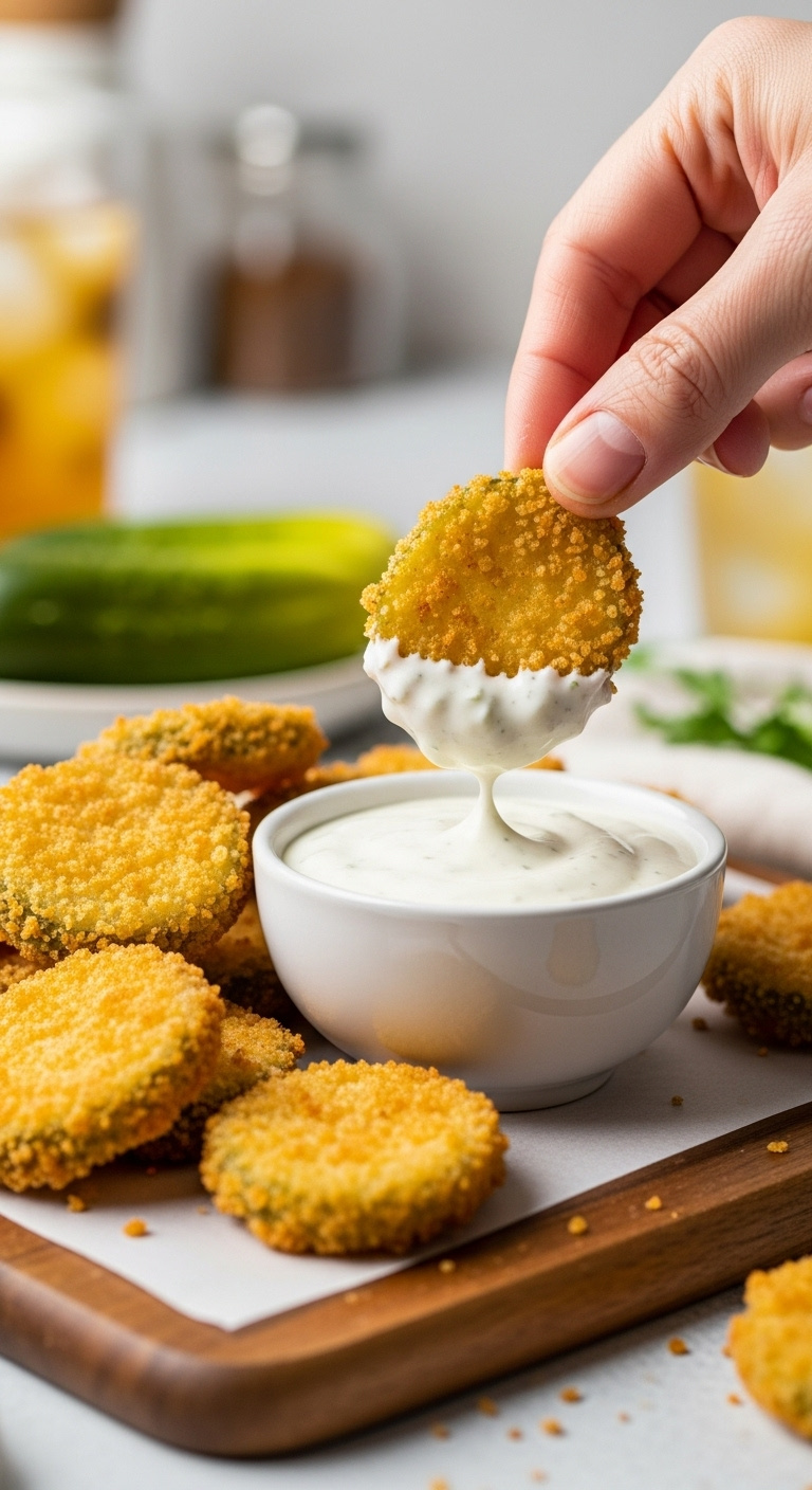 Crispy Air Fried Pickle Chips Being Dipped In Ranch Dressing On A Wooden Board With Whole Pickles And A Drink