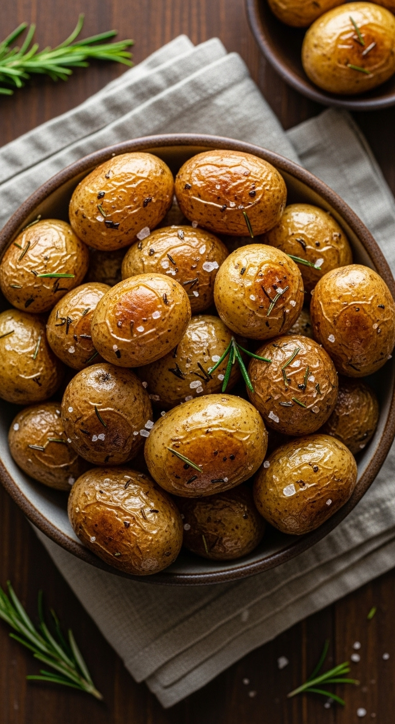 Crispy Air Fried Roasted Baby Potatoes With Rosemary And Salt In A Rustic Ceramic Bowl On A Dark Wood Table