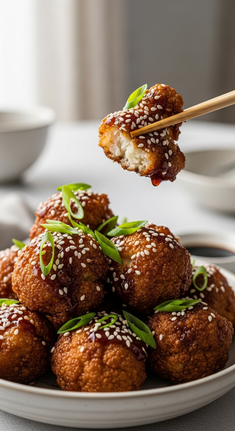 Crispy Air Fried Teriyaki Tempura Cauliflower With Sesame Seeds And Scallions In A Ceramic Bowl With Soy Sauce