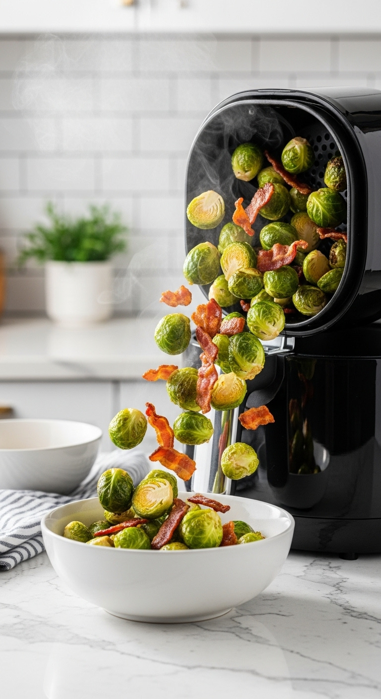 Crispy Air Fryer Brussels Sprouts And Bacon Tumbling Into A Serving Bowl From A Modern Air Fryer With Rising Steam