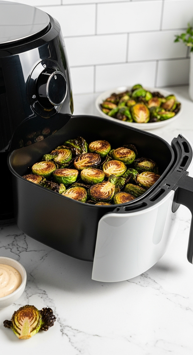 Crispy Air Fryer Brussels Sprouts In A Modern Air Fryer Basket On A White Quartz Countertop With Bright Studio Light