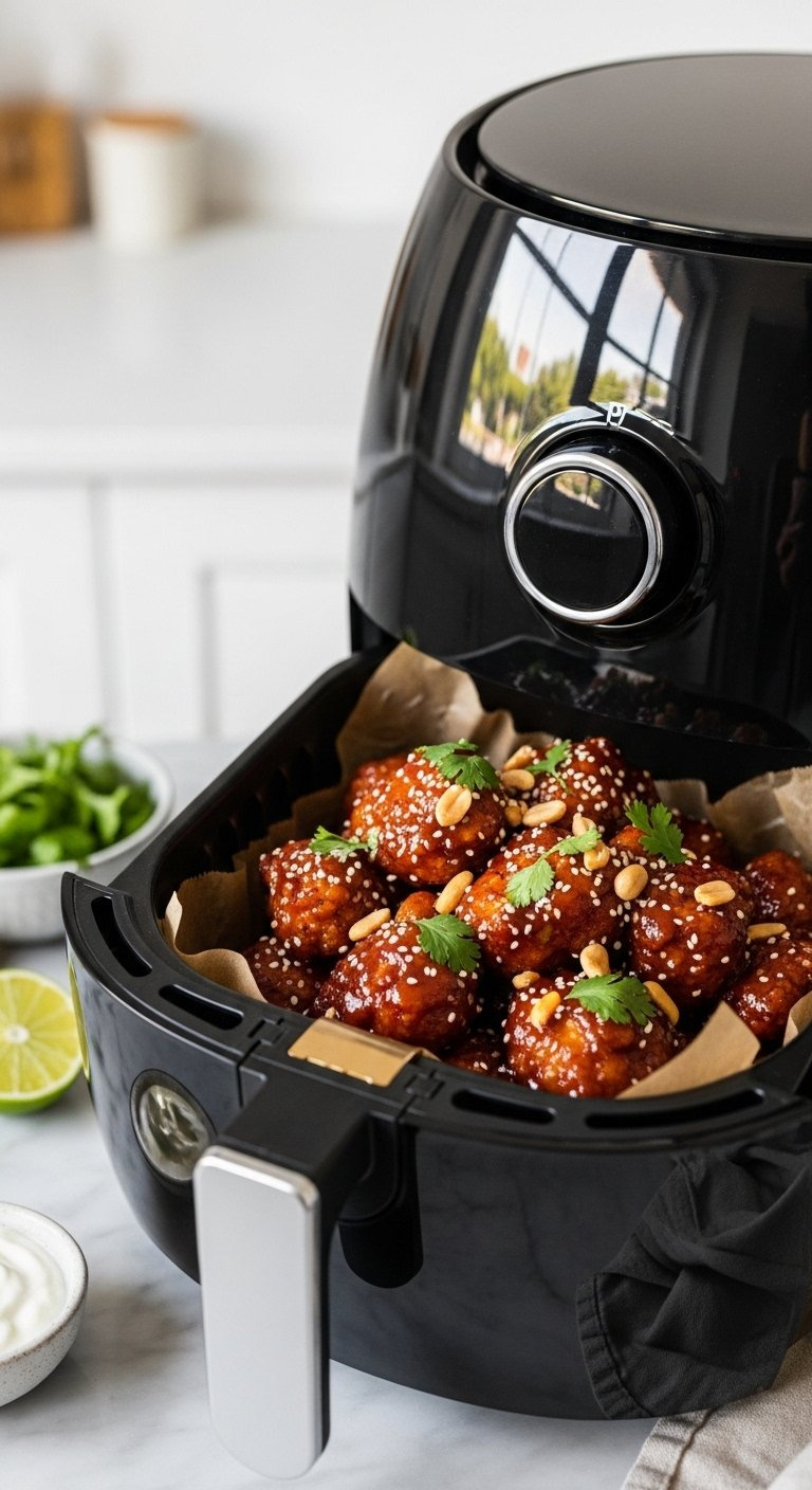 Crispy Air Fryer Korean Bbq Chicken Bites Coated In Gochujang Glaze And Topped With Peanuts And Cilantro.