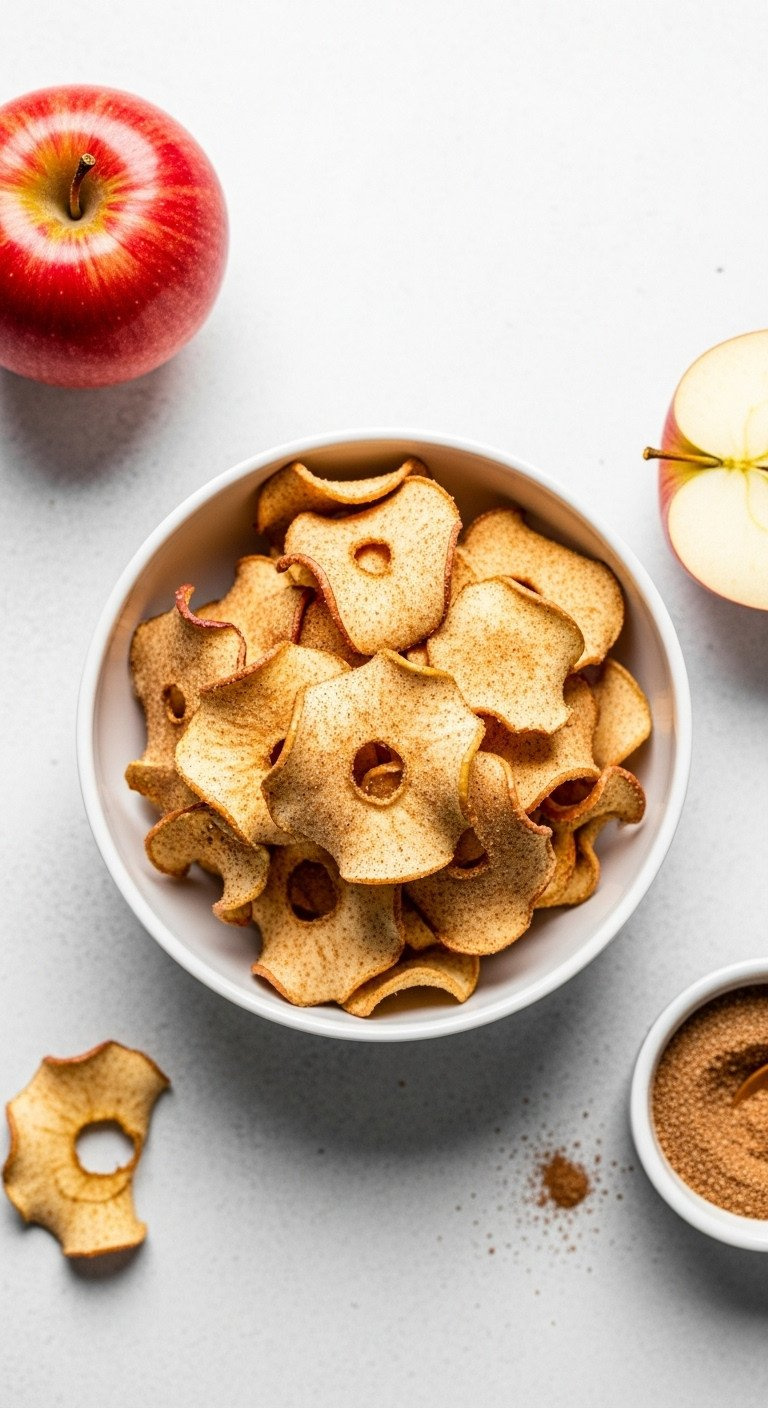 Crispy Air Fryer Apple Chips With Cinnamon Sugar In A White Bowl, With A Whole Apple And Spice Blend.