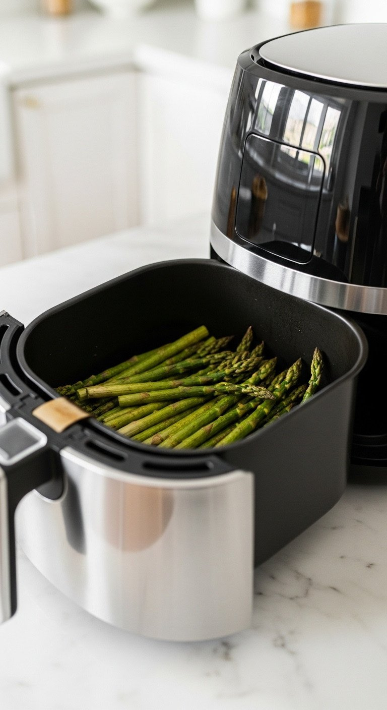 Crispy Air Fryer Asparagus With Browned Tips In The Pulled-Out Basket Of A Modern Appliance On A White Marble Counter.