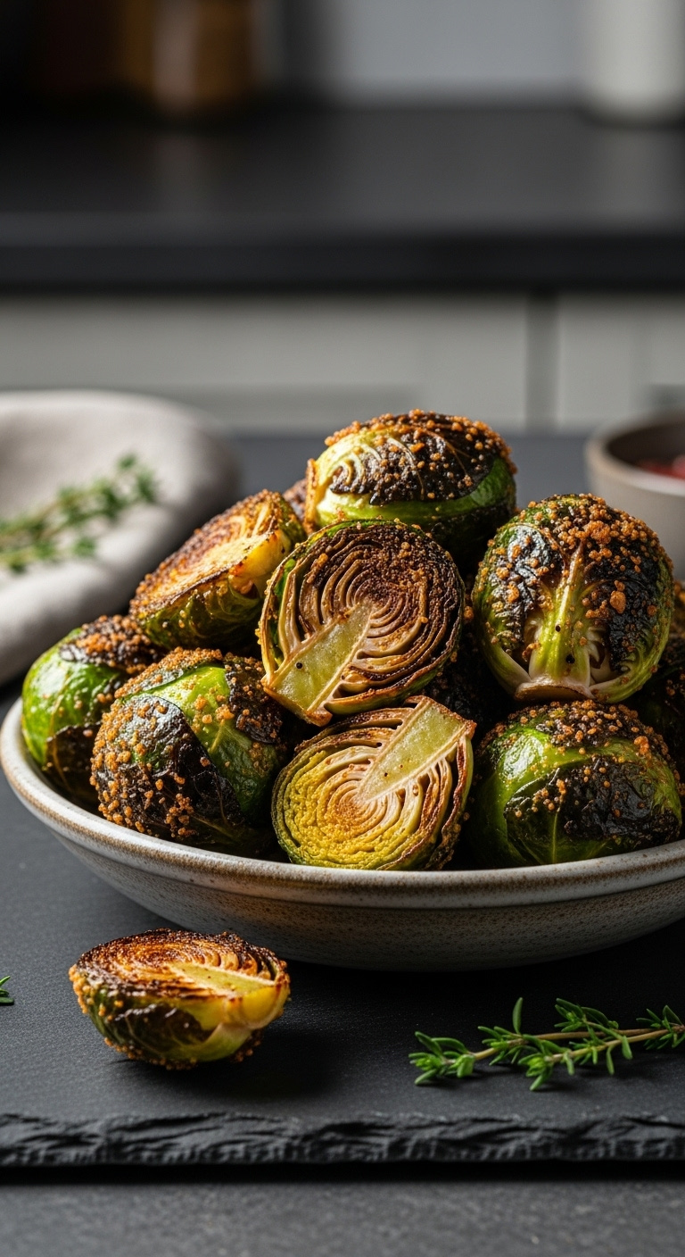 Crispy Air Fryer Frozen Brussels Sprouts With Charred Leaves In A Rustic Ceramic Bowl On A Dark Slate Surface With Thyme