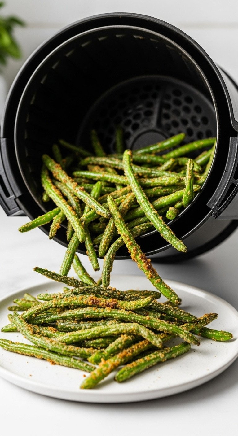 Crispy Air Fryer Green Beans With Browned, Blistered Spots Spilling From A Modern Air Fryer Basket Onto A Plate.