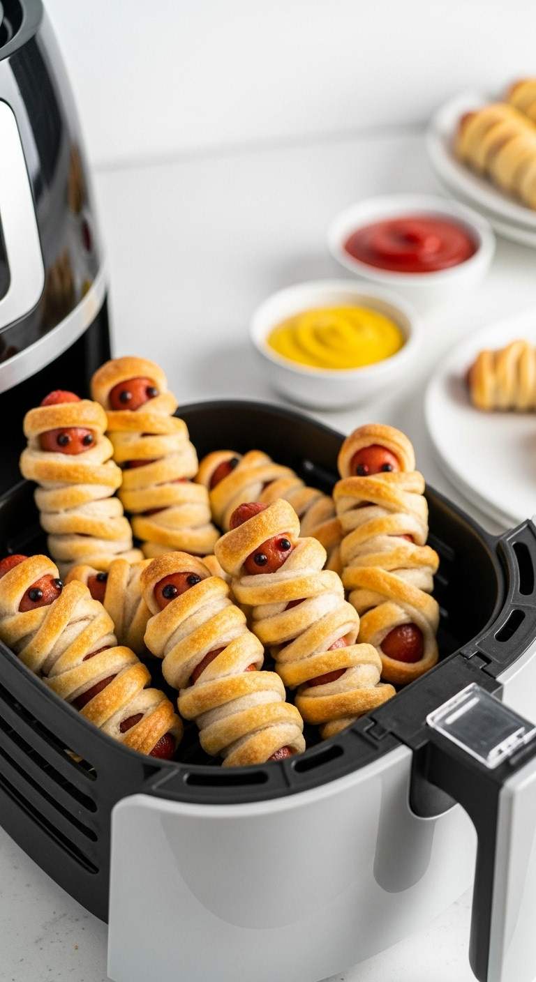 Crispy Air Fryer Mummy Dogs In A Basket With Ketchup And Mustard On A Clean Kitchen Countertop