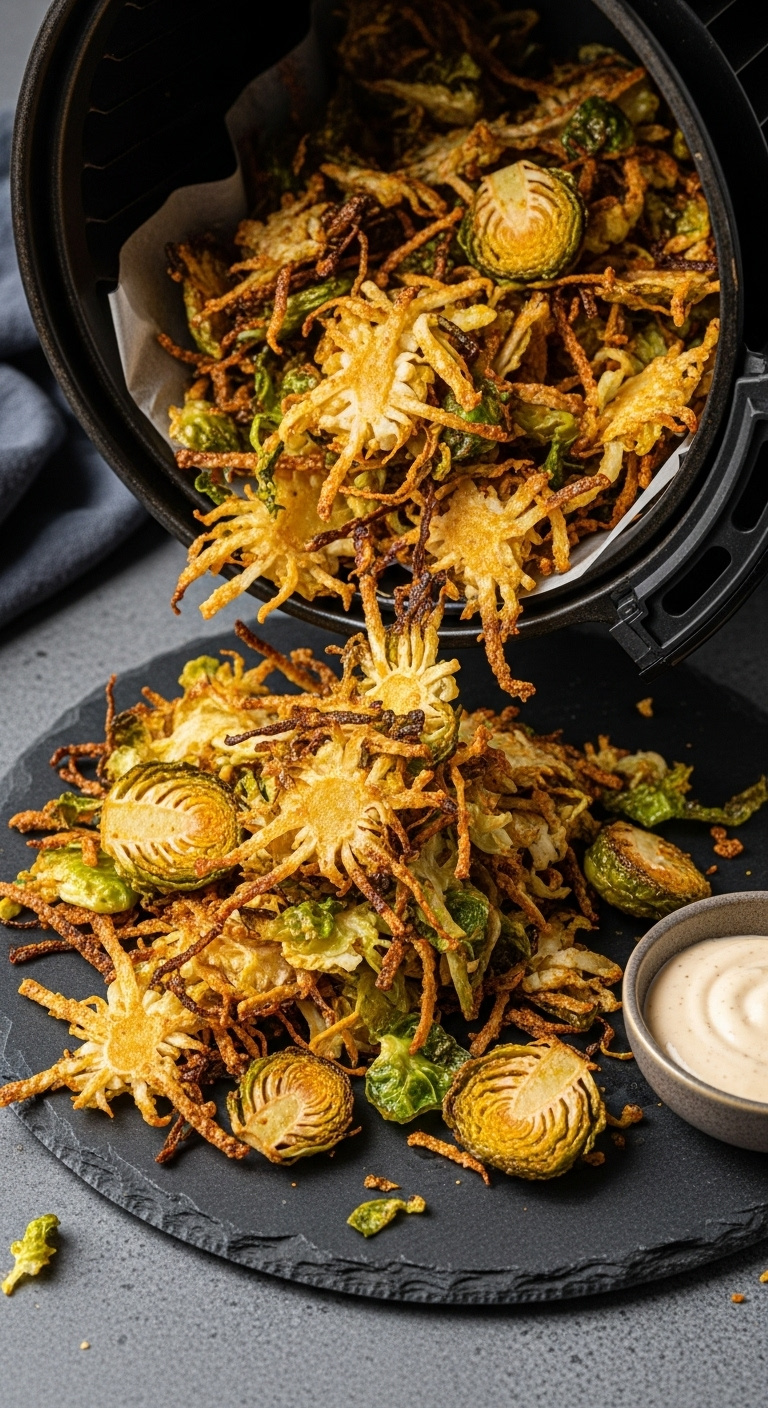 Crispy Air Fryer Shredded Brussels Sprouts Spilling From Basket Onto A Slate Plate With Aioli Dipping Sauce