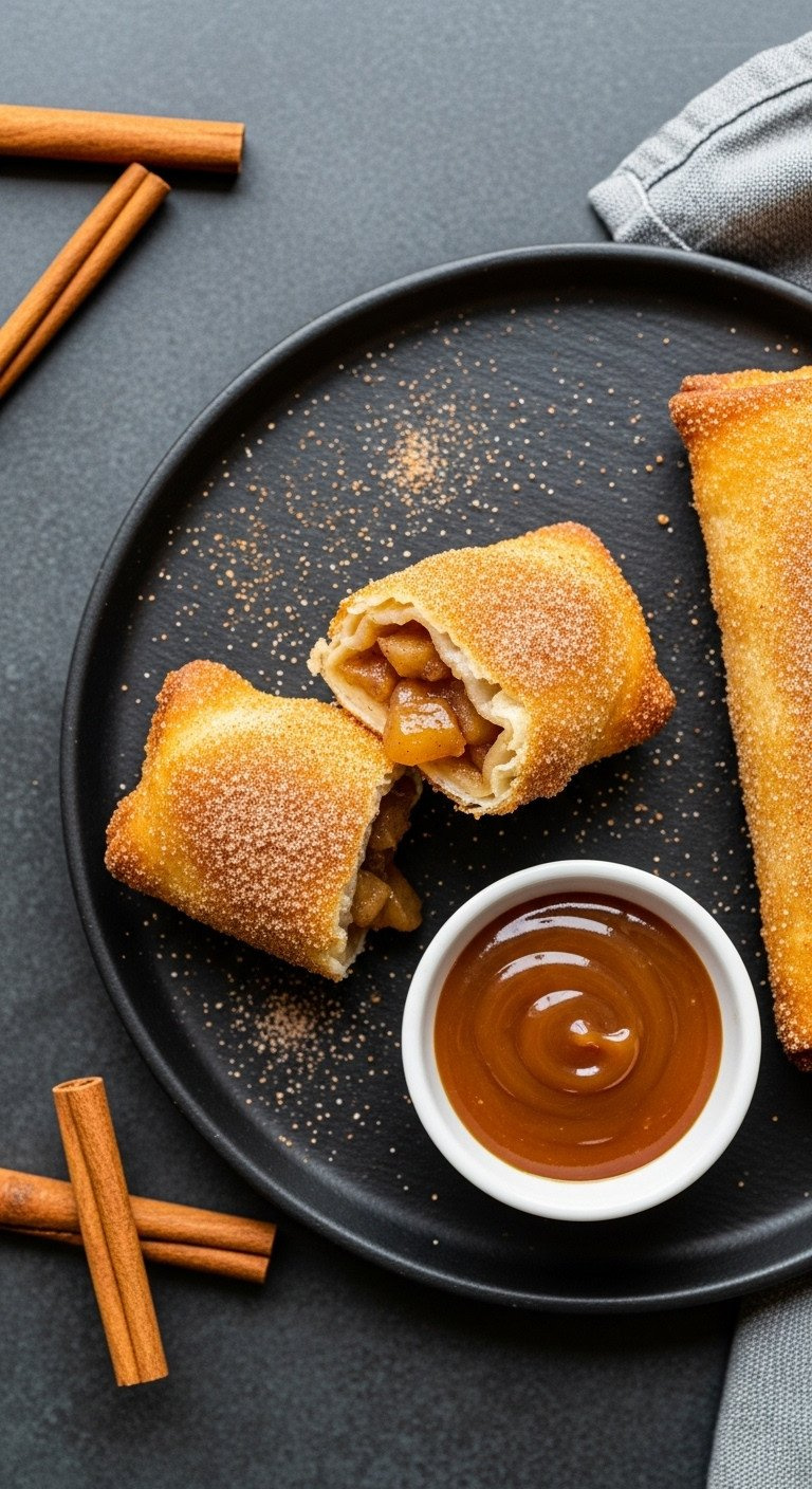 Crispy Apple Pie Egg Rolls, One Cut To Show Gooey Filling, Dusted With Cinnamon Sugar, With Caramel Dip.