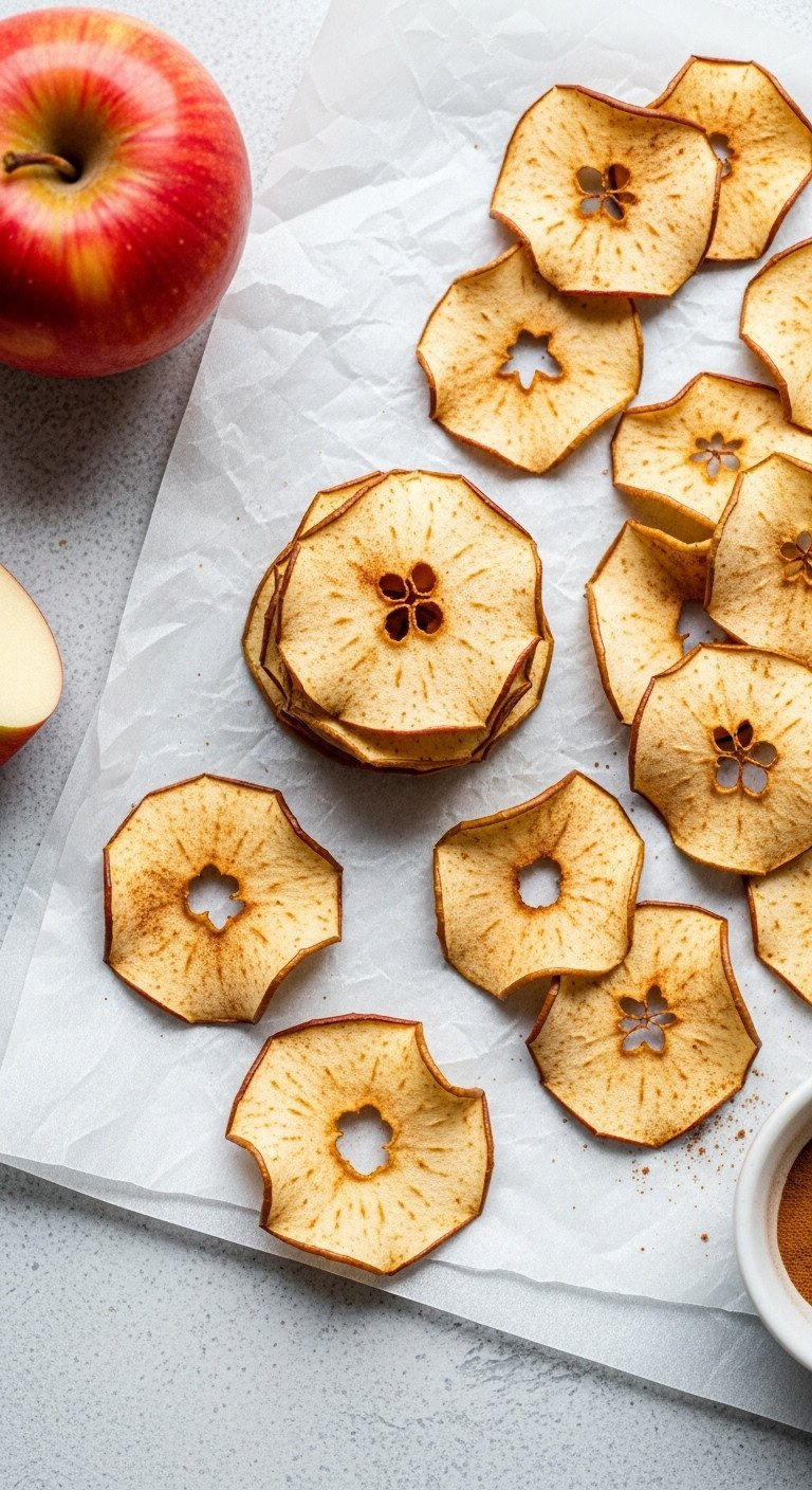 Crispy Baked Apple Chips, Dusted With Cinnamon, Scattered On Parchment Paper. Healthy Golden-Brown Snack On Stone Surface.