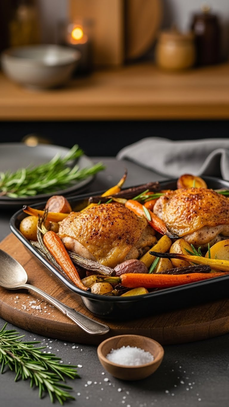 Crispy Baked Chicken Thighs With Caramelized Root Vegetables Arranged On A Rustic Wooden Cutting Board