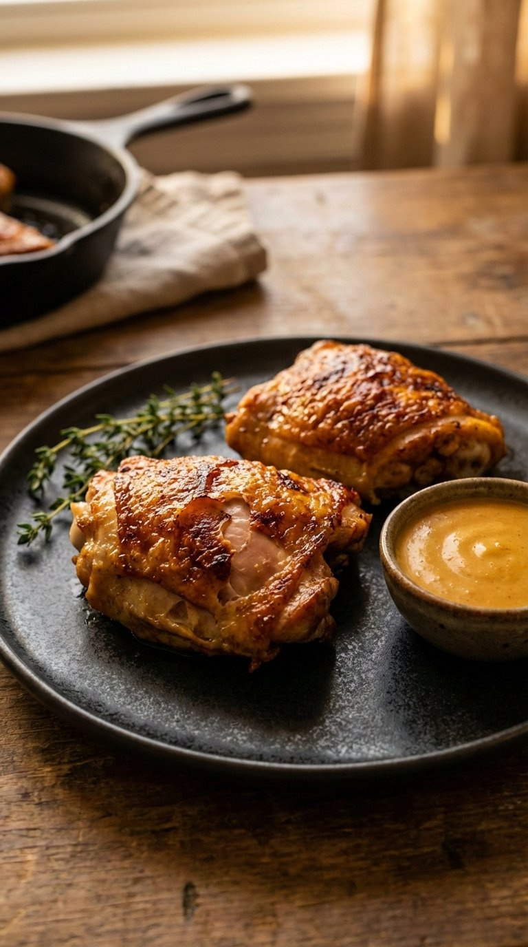 Crispy Baked Chicken Thighs With Golden-Brown Rendered Skin And Juicy Interior Served On Rustic Dark Ceramic Plate