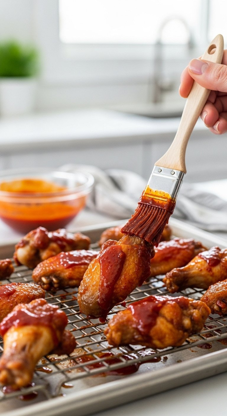 Crispy Baked Chicken Wing Being Brushed With Thick Red Korean Gochujang Glaze On A Rack.