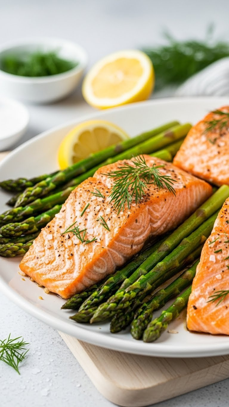 Crispy Baked Salmon Fillets With Tender Asparagus Spears, Lemon Wedges And Fresh Dill On White Platter