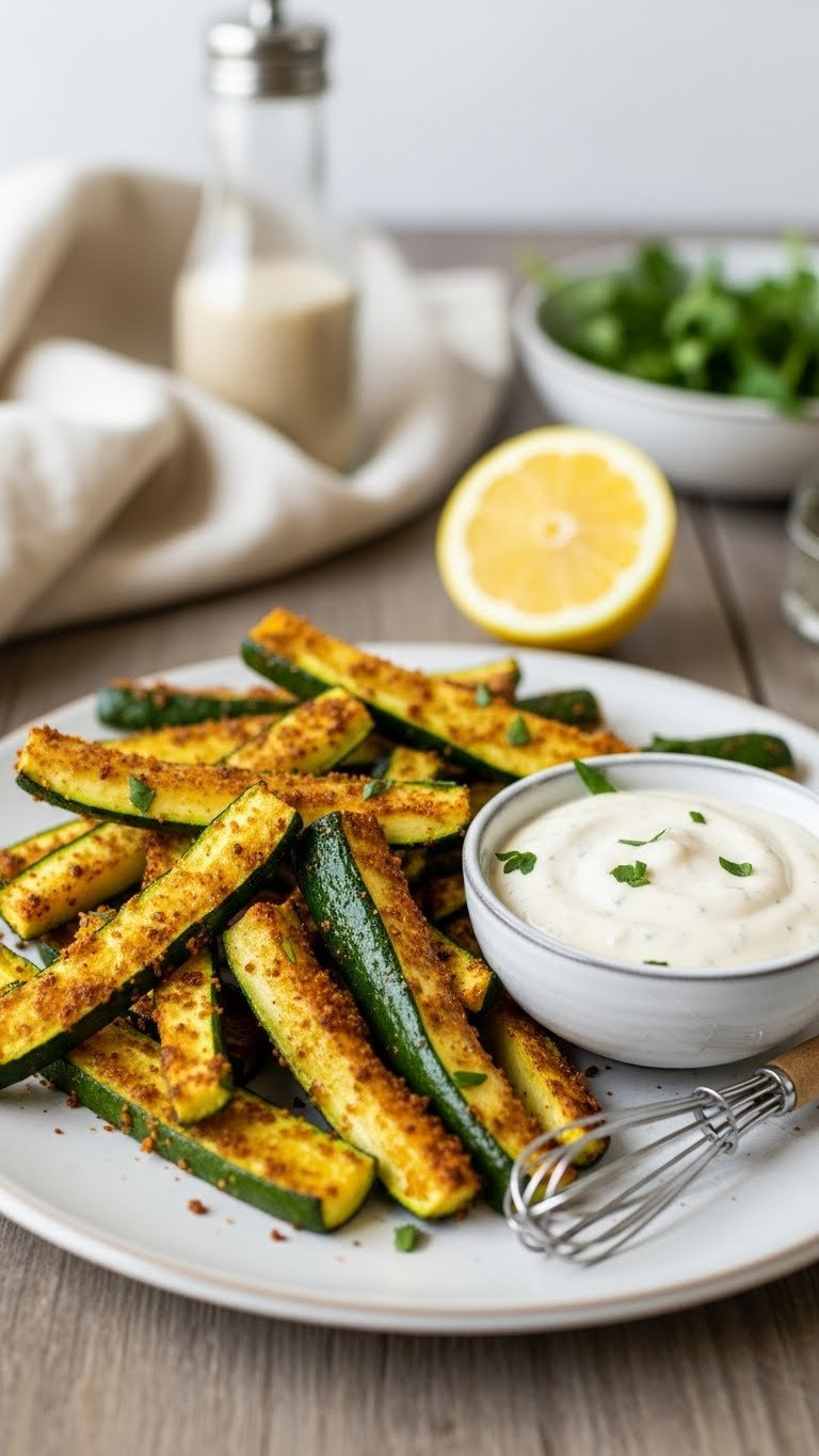 Crispy Baked Zucchini Fries With Zesty Dipping Sauce Arranged On A Rustic Wooden Table With Lemon Wedge Garnish