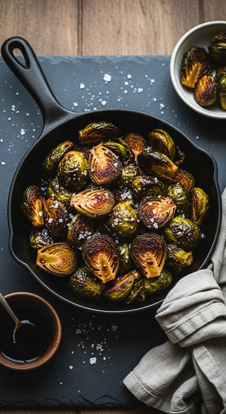 Crispy Balsamic Roasted Brussels Sprouts In A Cast Iron Skillet With Sea Salt On A Dark Slate Surface