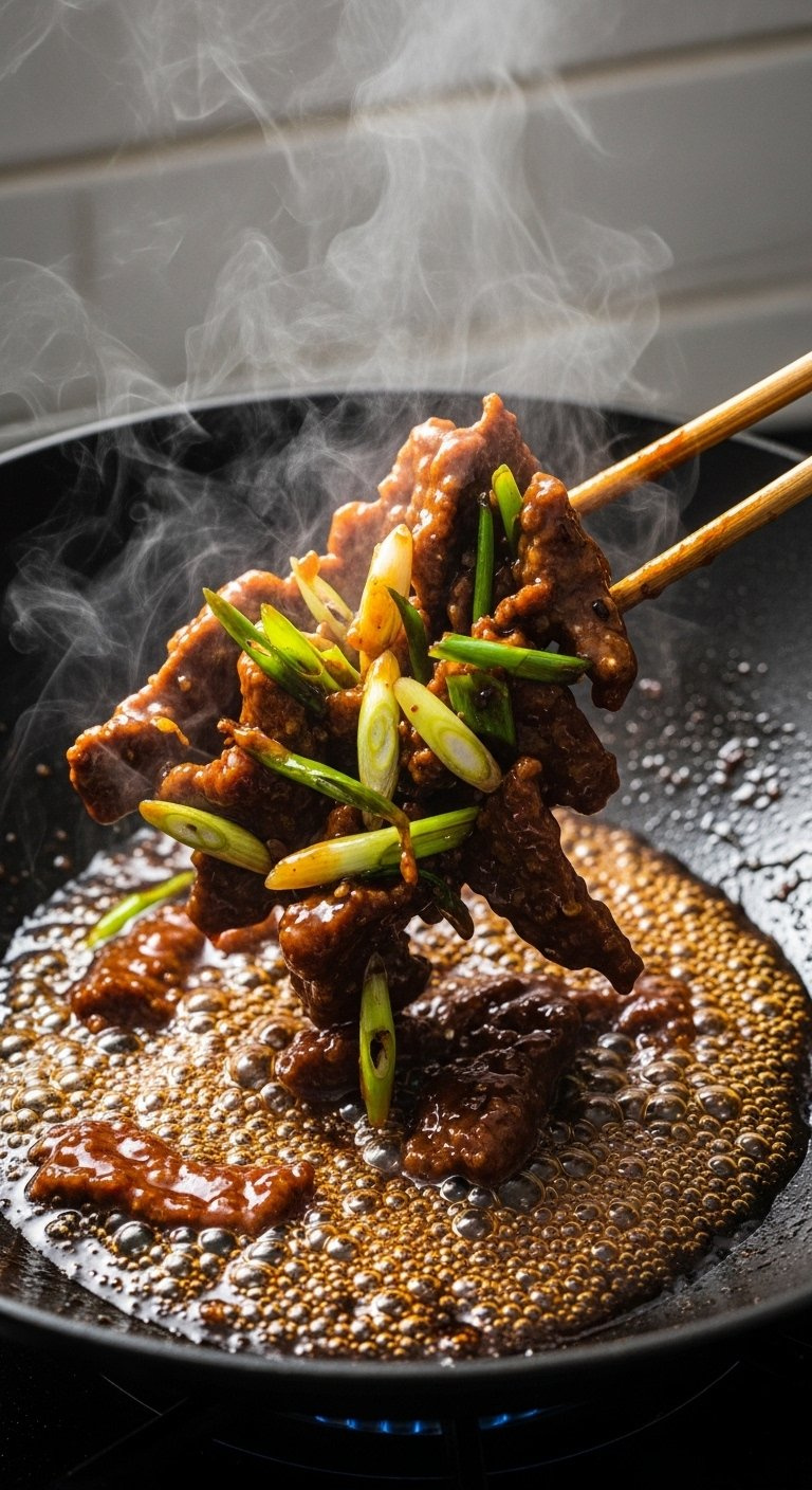 Crispy Beef Strips And Green Onions Tossed In A Thickened Glossy Dark Mongolian Sauce In A Wok.
