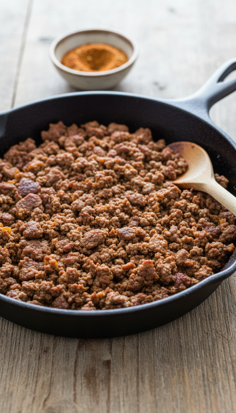 Crispy Browned Ground Beef In A Black Cast‑Iron Skillet On A Wood Table, With A Spoon And A Bowl Of Taco Seasoning.