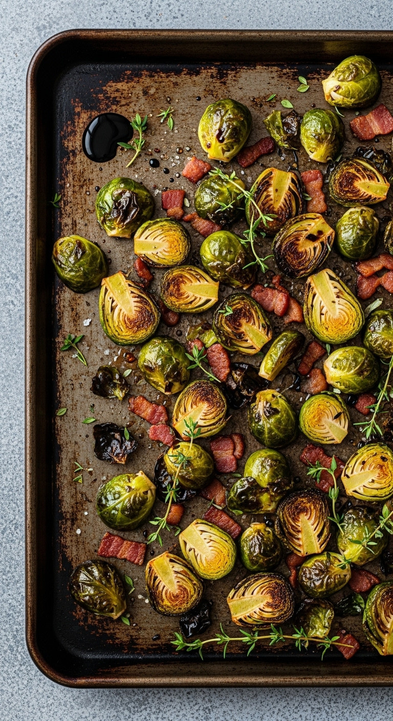 Crispy Caramelized Brussels Sprouts With Bacon Bits, Balsamic Glaze, And Fresh Thyme On A Dark Metal Baking Sheet. Keto Side Dish.