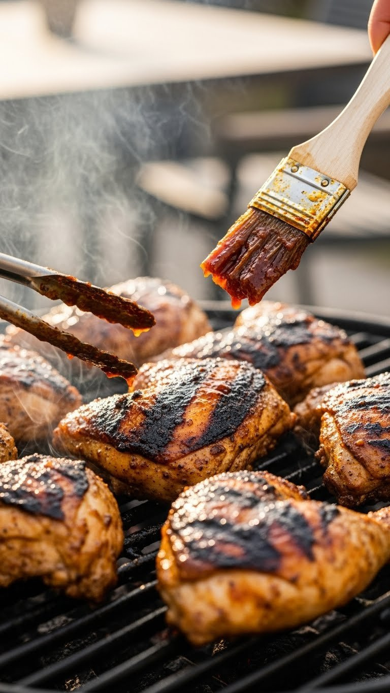 Crispy, Charred Jerk Chicken With Glistening Sauce Coming Off A Hot Grill, Showing Grill Marks.