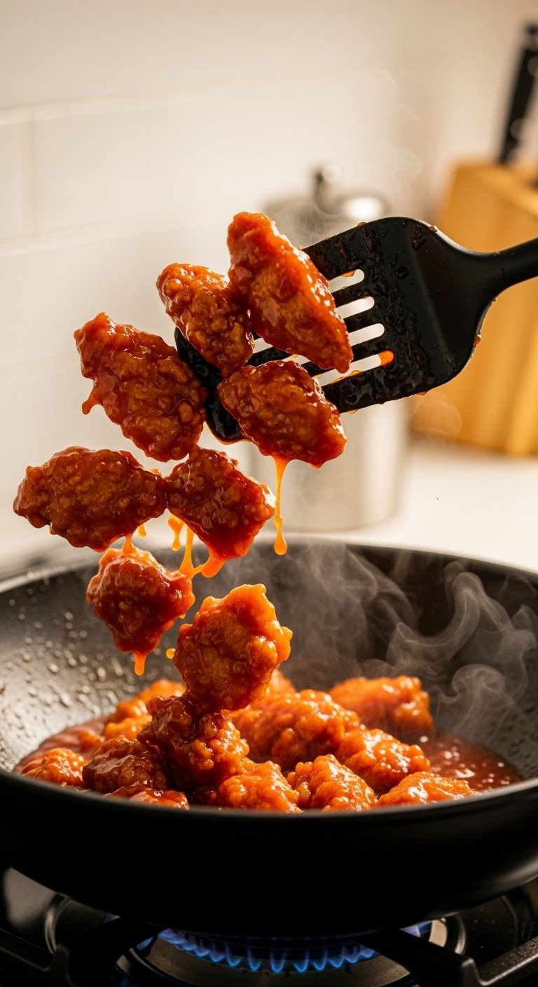 Crispy Chicken Pieces Being Tossed In Thick Red Glaze Inside A Black Wok With A Spatula.