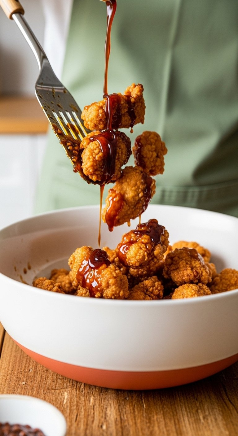 Crispy Chicken Pieces Tossed In A Large White Bowl With Glossy Soy Garlic Glaze Drizzled Over Them.