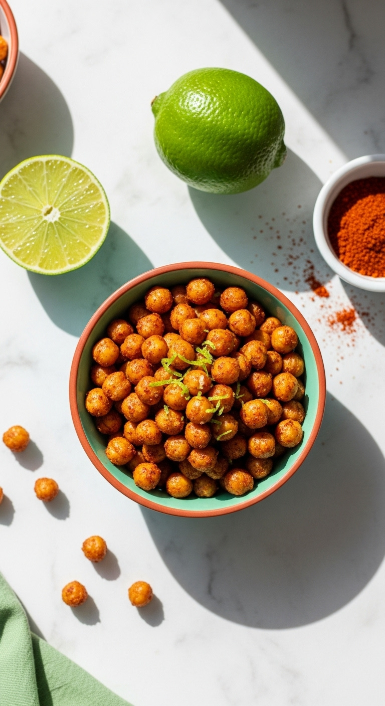 Crispy Chili Lime Roasted Chickpeas In A Vibrant Bowl On White Marble With Whole Lime And Chili Powder