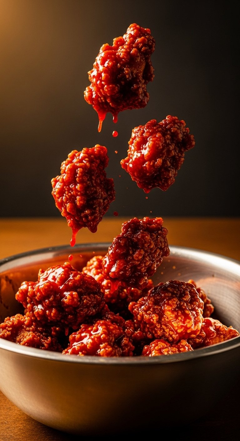 Crispy Fried Chicken Being Tossed In A Spicy Red Gochujang Glaze In A Steel Mixing Bowl.