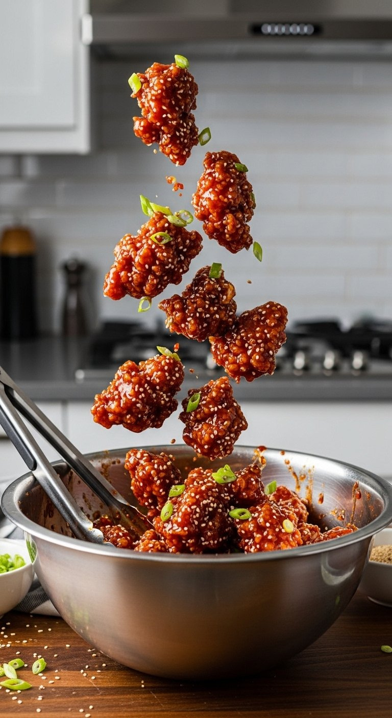 Crispy Fried Chicken Tossed With Glossy Red Gochujang Glaze In A Stainless Steel Bowl With Garnishes.