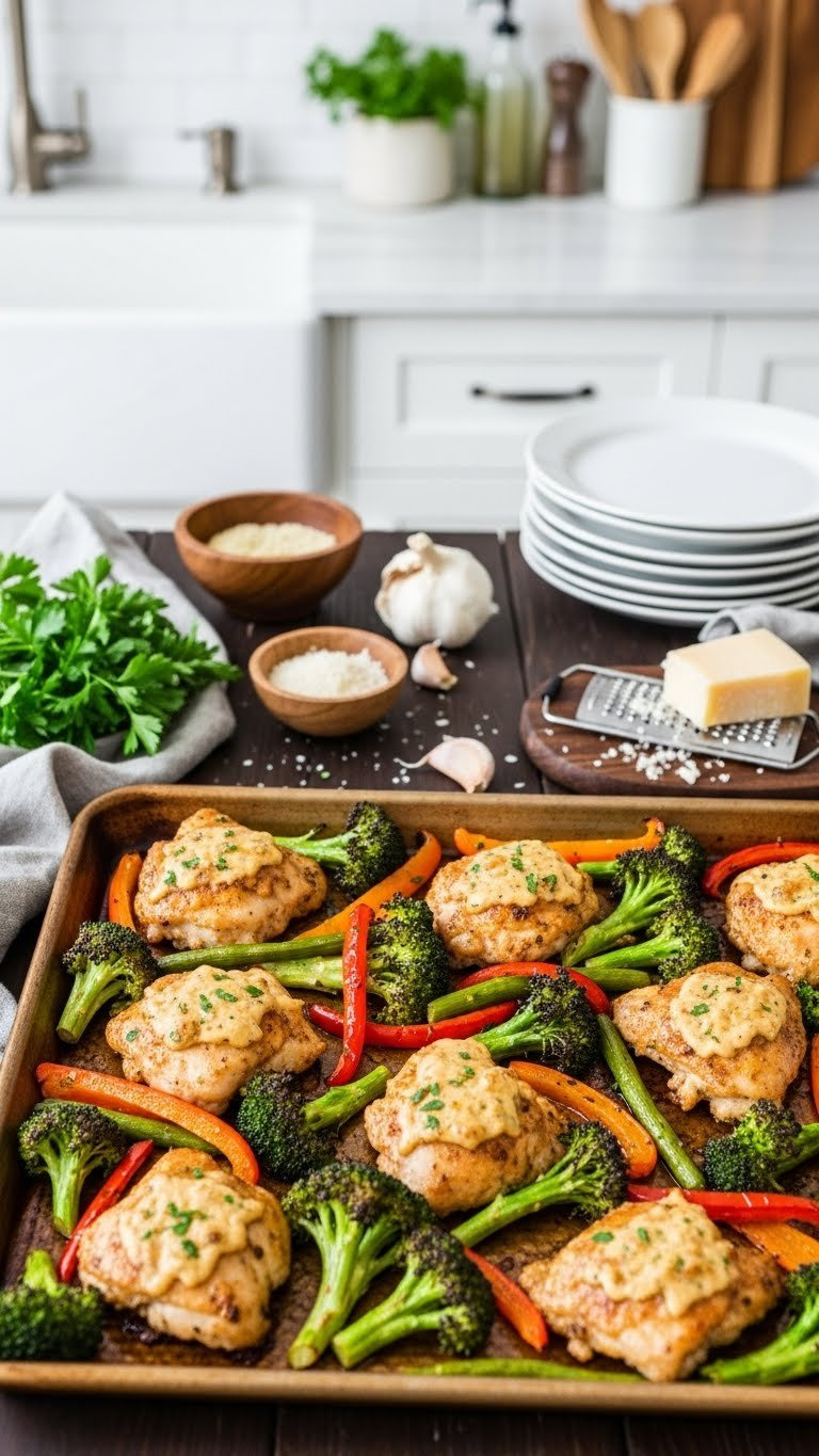 Crispy Garlic Parmesan Chicken With Roasted Broccoli And Bell Peppers On Dark Rustic Wooden Table With Golden Glaze.