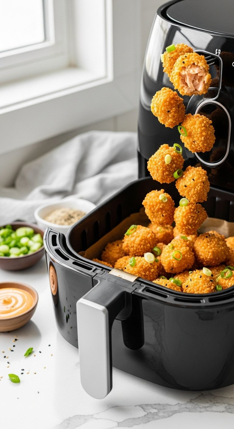 Crispy Golden Bang Bang Salmon Bites Spilling From A Modern Air Fryer Basket Garnished With Green Onions And Sesame Seeds.