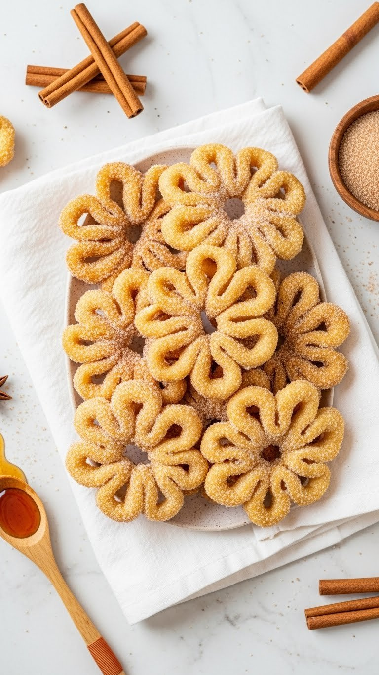 Crispy Golden Mexican Buñuelos Dusted With Cinnamon Sugar, Star-Shaped, On White Napkin With Piloncillo Syrup And Cinnamon Sticks.