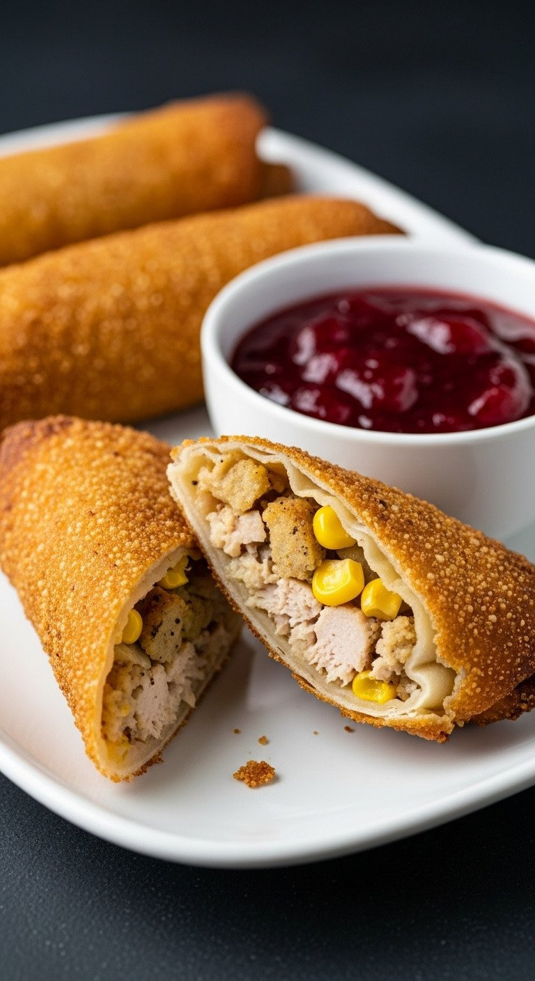 Crispy Golden Thanksgiving Egg Rolls With Turkey, Stuffing, Corn Filling And Cranberry Dipping Sauce. Appetizer Idea.