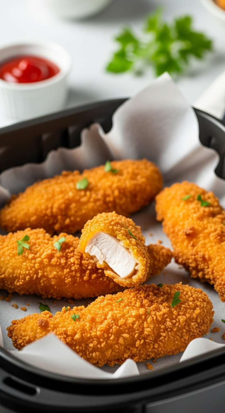 Crispy Golden Air Fried Chicken Tenders In A Modern Air Fryer Basket With Ketchup And Parsley On A Kitchen Countertop