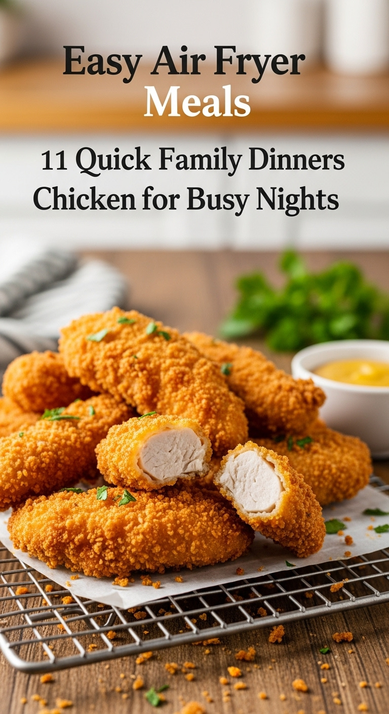 Crispy Golden Air Fried Chicken Tenders On A Wire Rack With Honey Mustard And Parsley On A Rustic Wood Table