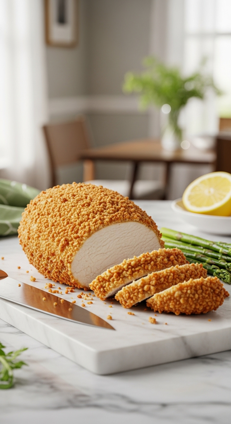 Crispy Golden Air Fried Parmesan Crusted Chicken Breast Sliced On A Cutting Board With Asparagus And Lemon