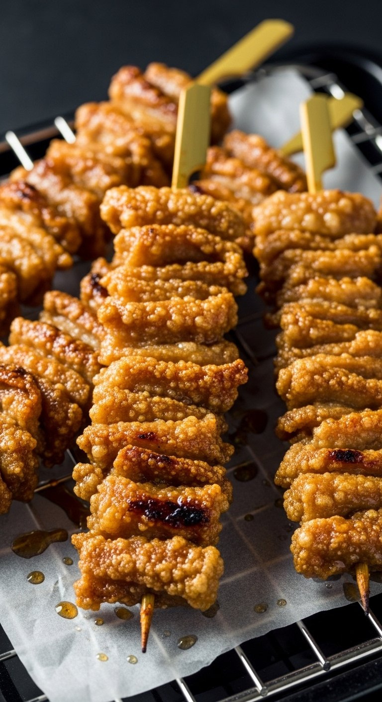 Crispy Golden-Brown Kawa Chicken Skin Yakitori Skewers Glistening With Glaze On A Metal Grill Rack.