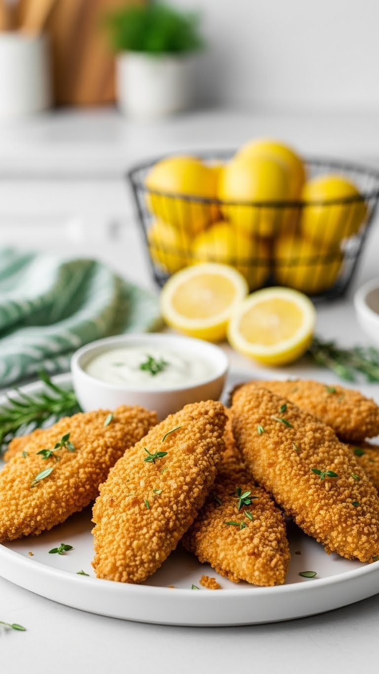 Crispy Golden-Brown Trim Healthy Mama S Breaded Chicken Pieces With Crunchy Coating And Fresh Herb Garnish On White Ceramic Platter