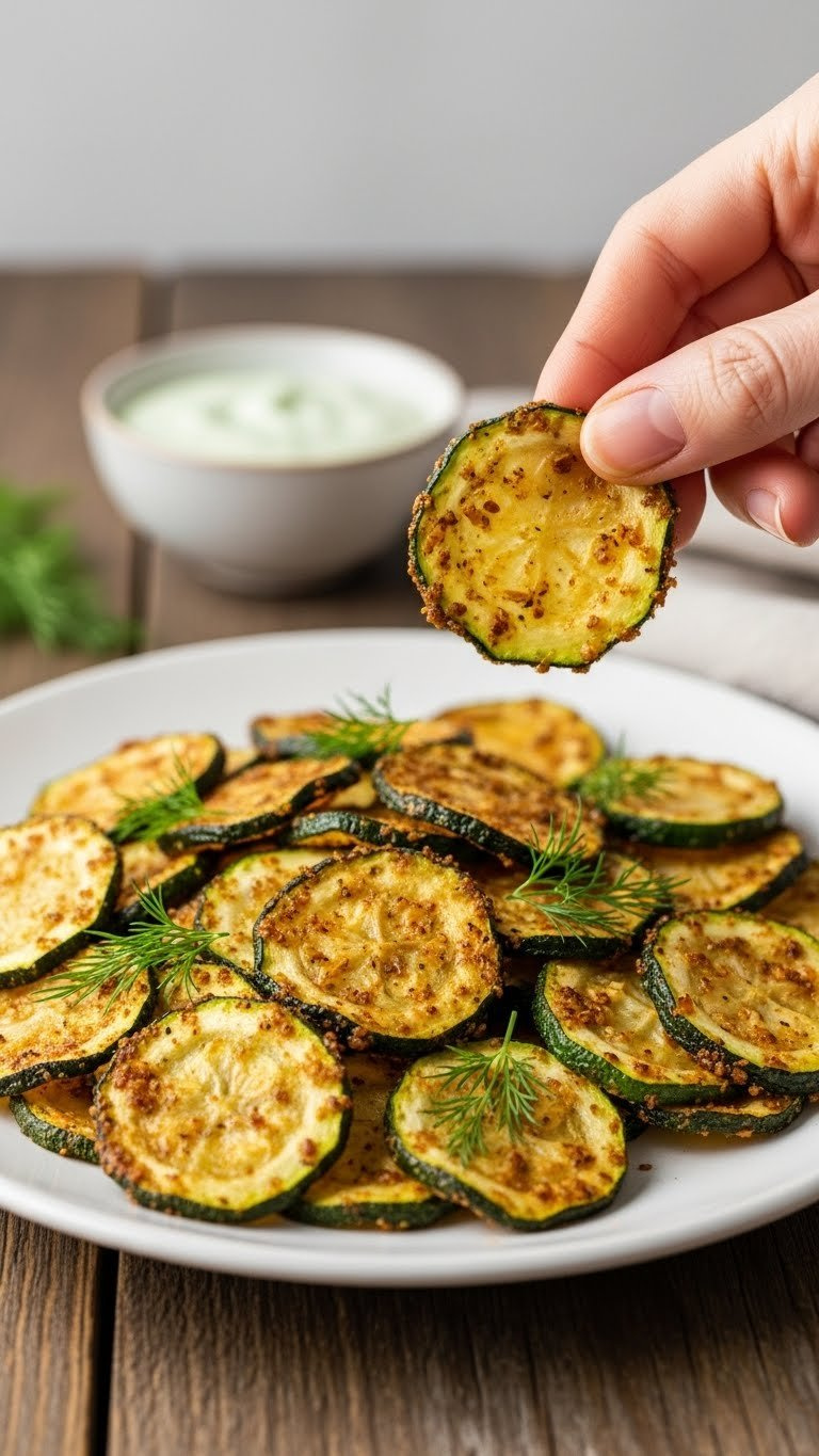 Crispy Golden Brown Air Fryer Zucchini Chips Thinly Sliced And Perfectly Seasoned With Curled Edges